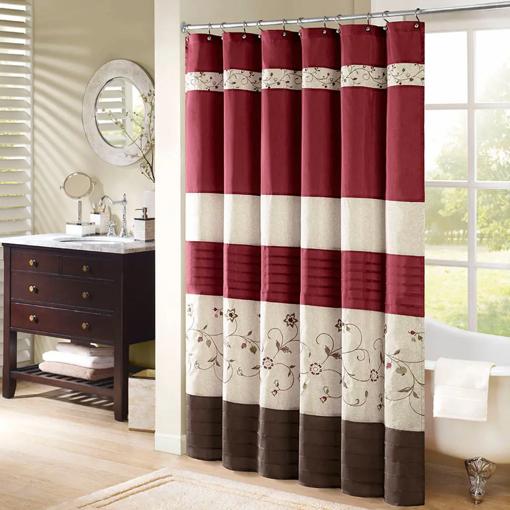 Faux Silk Embroidered Floral Shower Curtain Red Polyester jla