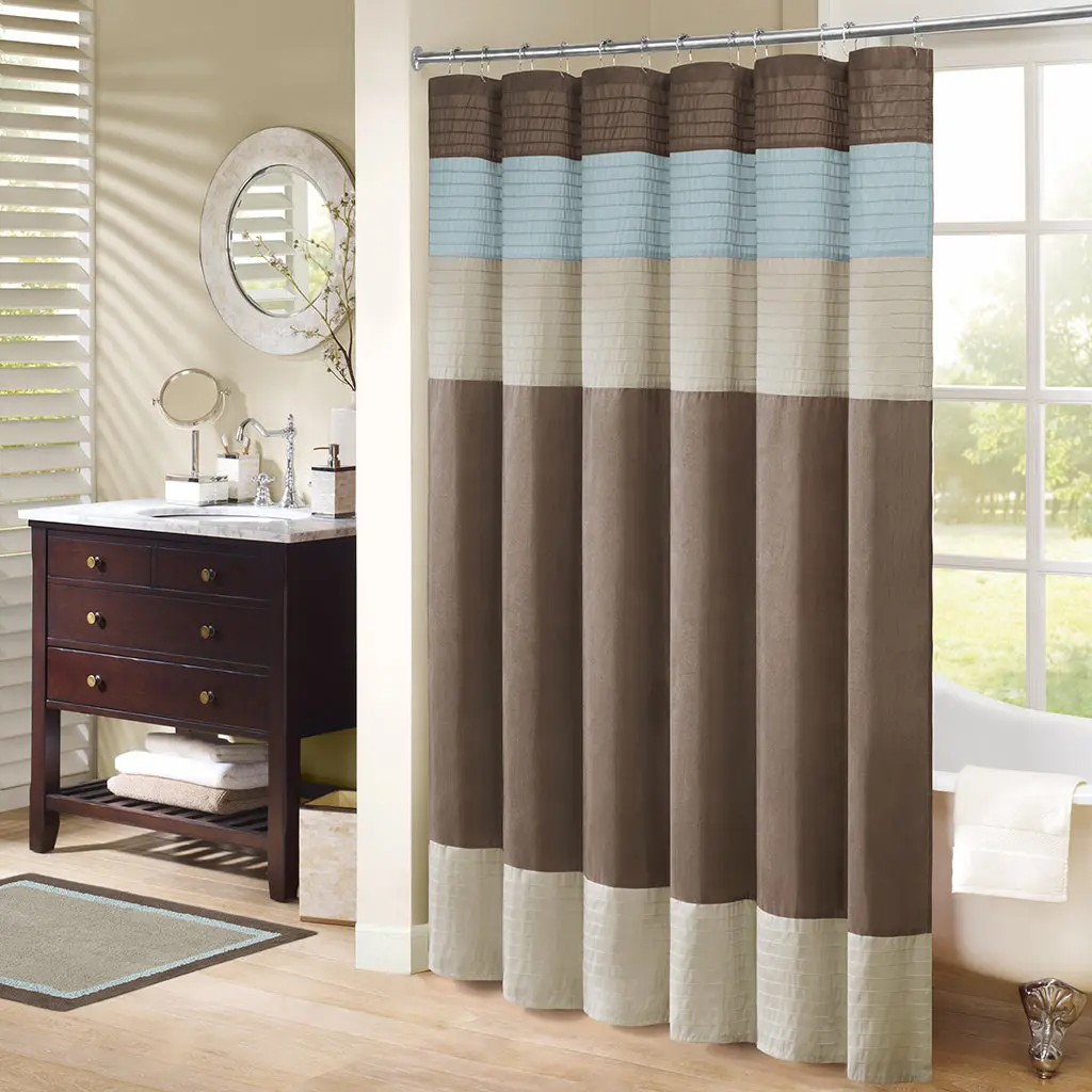 Faux Silk Shower Curtain Blue Polyester Waterproof Bathroom Decor jla