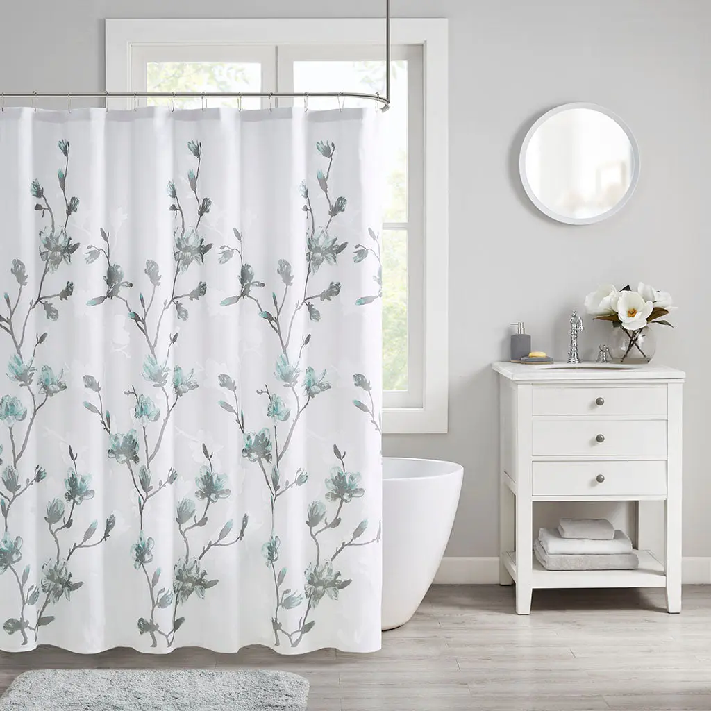 Floral Printed Burnout Shower Curtain Aqua Polyester jla
