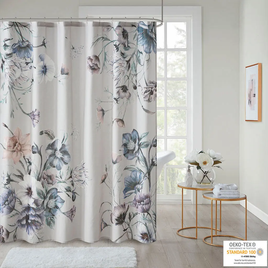 Printed Cotton Shower Curtain Blue Cotton Bathroom Decor jla