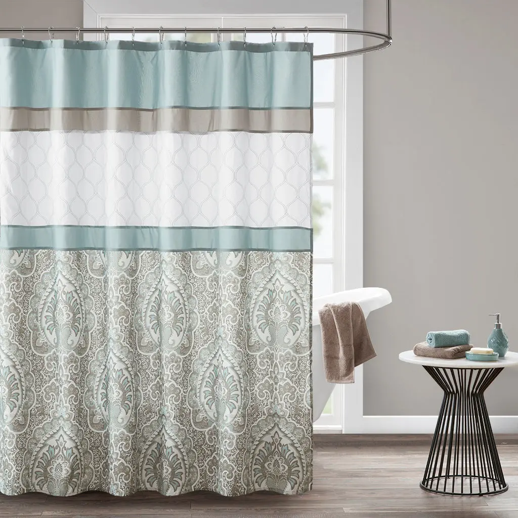 Printed and Embroidered Seafoam Microfiber Shower Curtain jla