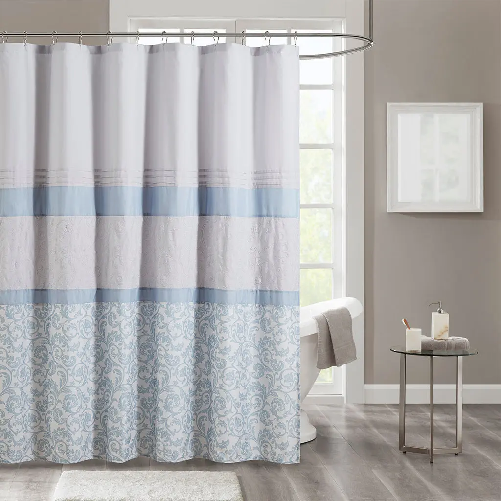 Printed Embroidered Shower Curtain Blue Microfiber Bath Decor jla