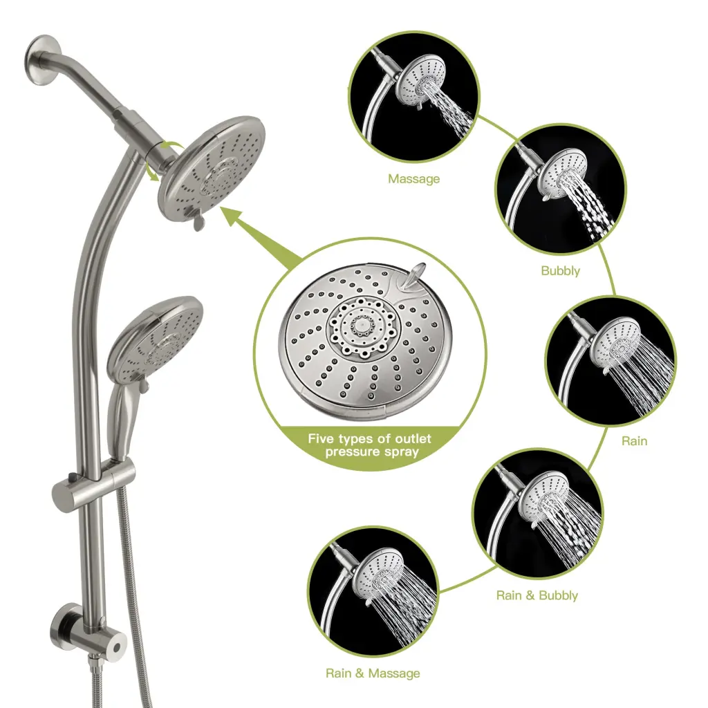 5 Inch Multi Function Dual Shower Head Customizable Slide Bar Brushed Nickel Finish lordear