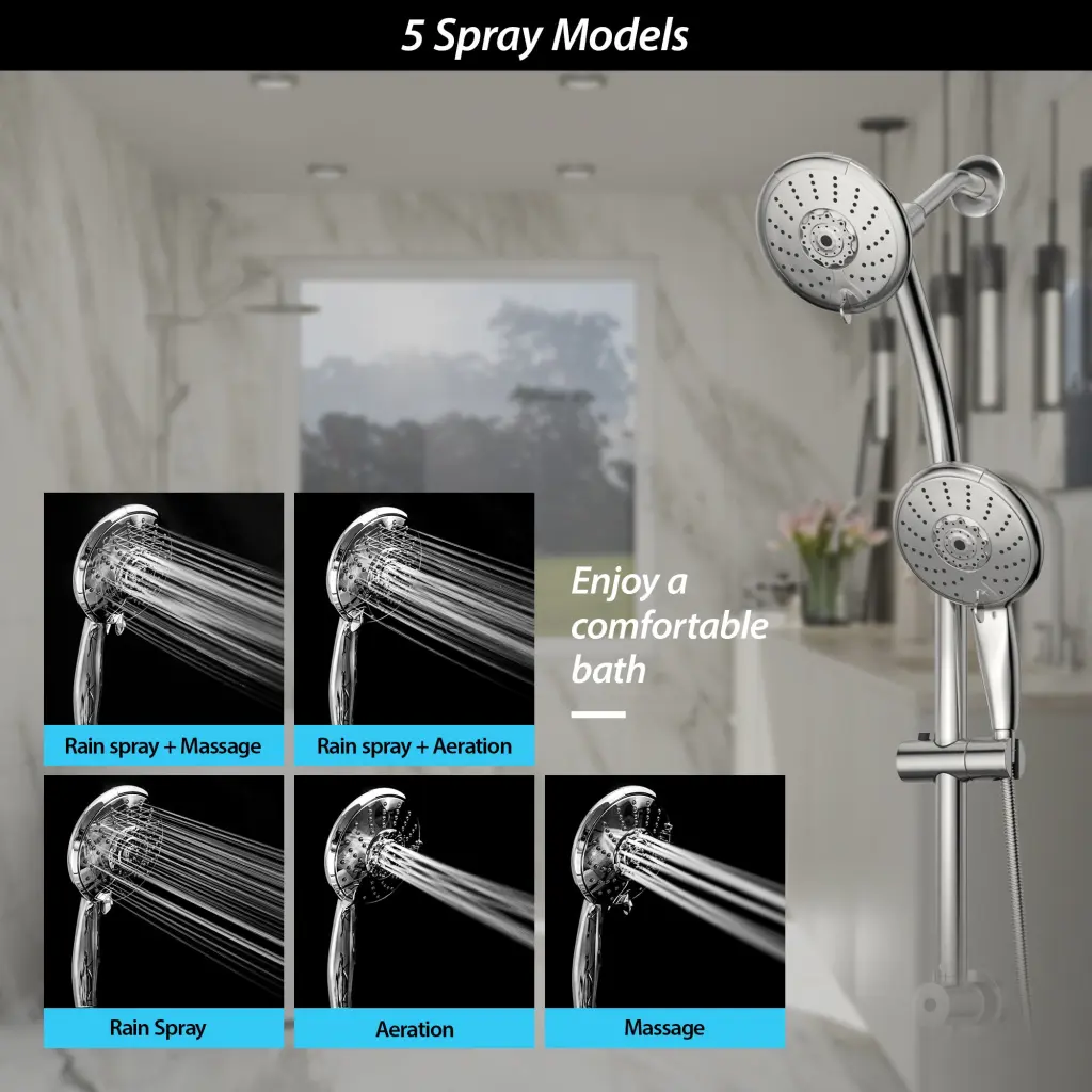 5 Inch Multi Function Dual Shower Head Customizable Slide Bar Chrome lordear