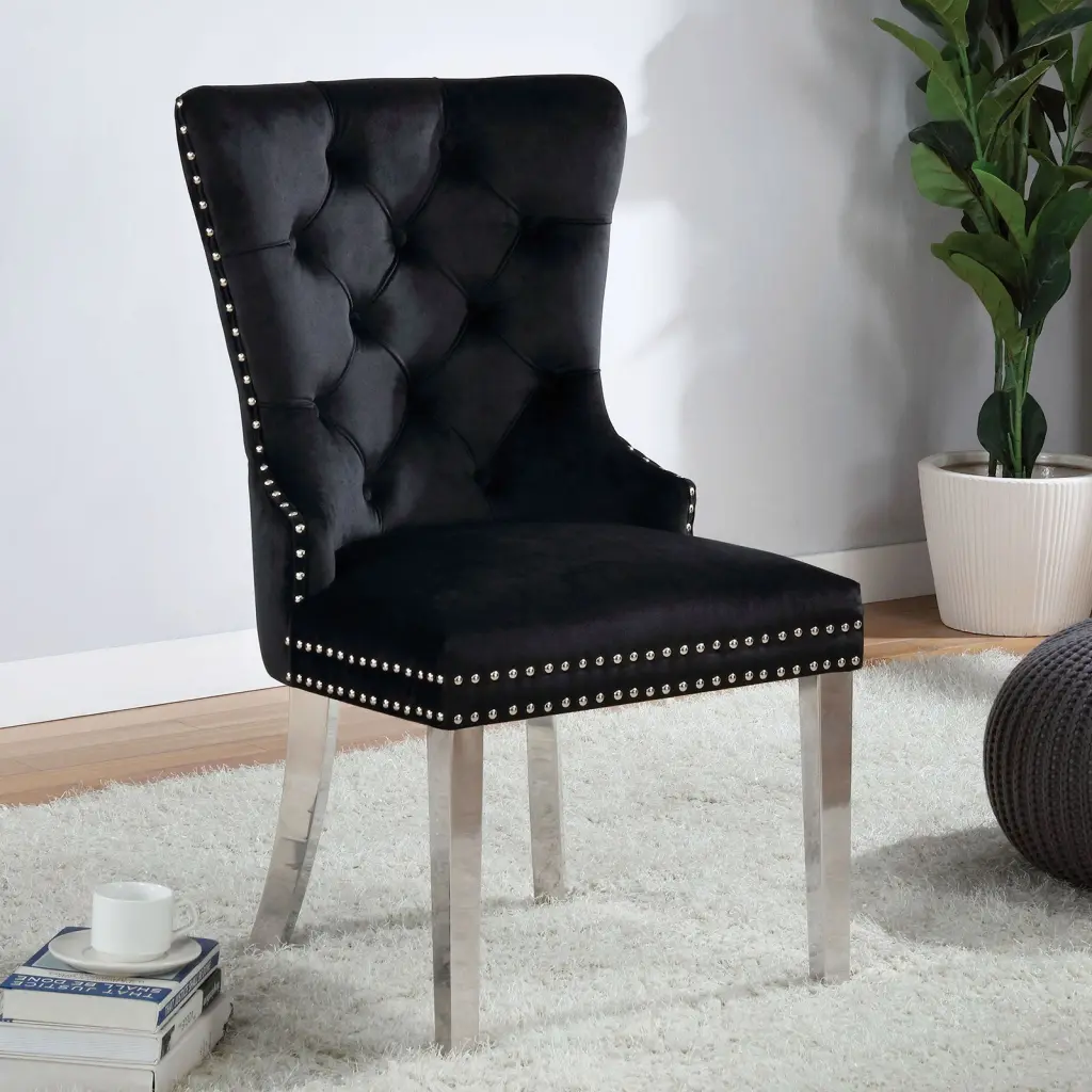 Contemporary Black Flannelette 2Pcs Side Chairs Button Tufted Upholstered kanepe