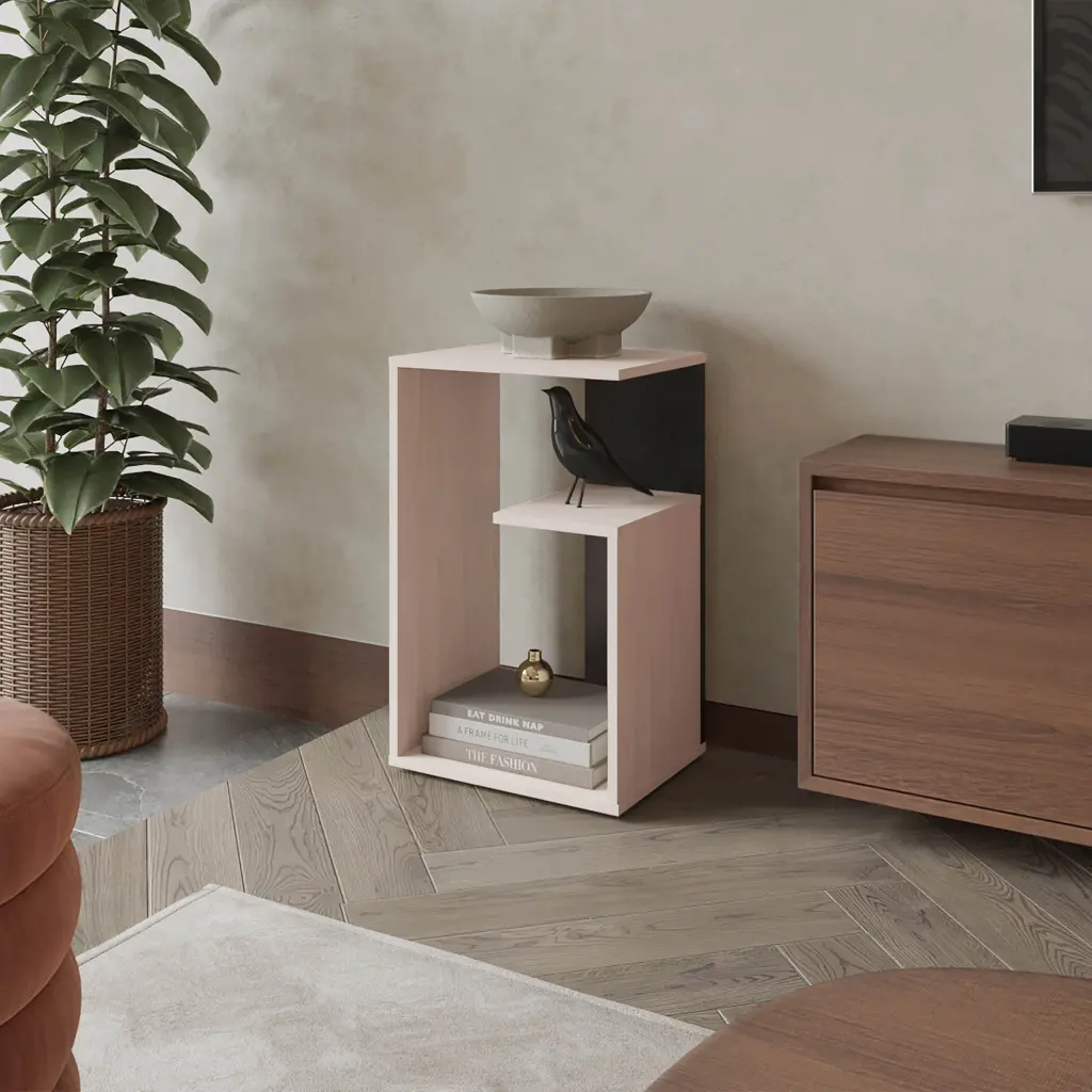 Vega Side Table Pearl Black Melamine Open Storage fm furniture