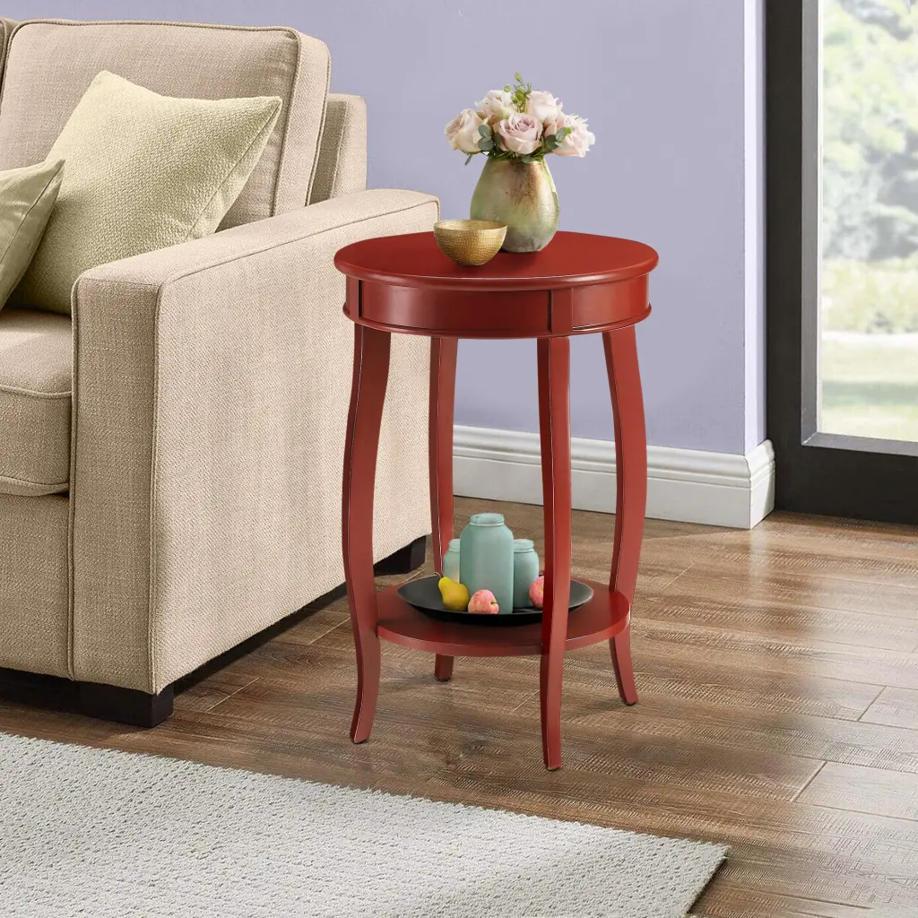 Red Round Side Table Bottom Shelf Living Room Contemporary Style furniture max
