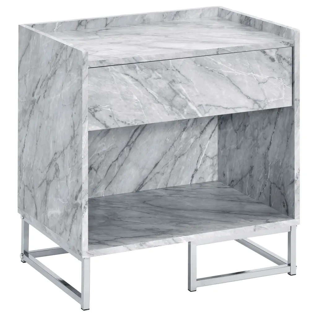 White Printed Faux Stone and Chrome Accent Table White Shiny Metal Primary Side Table furniture max