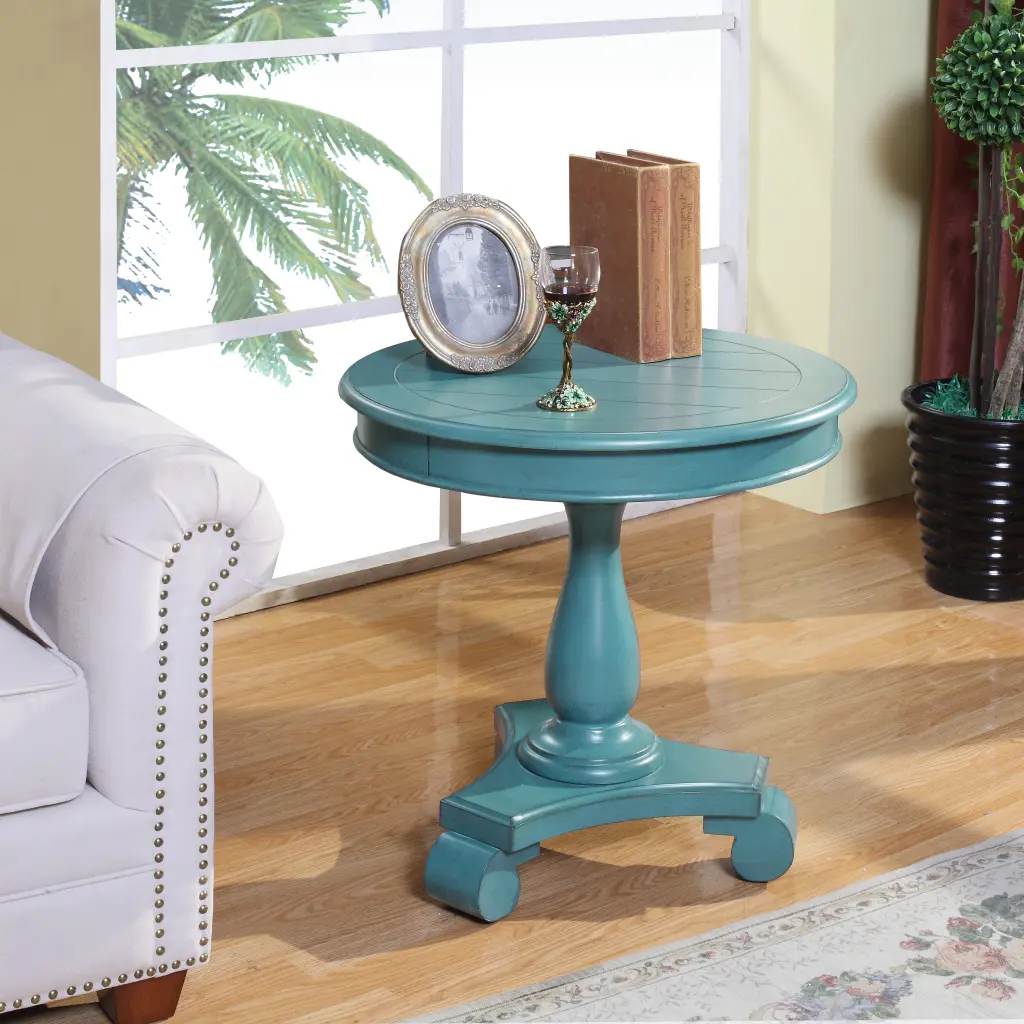 Rene Round Timber Pedestal Side Table Teal hz