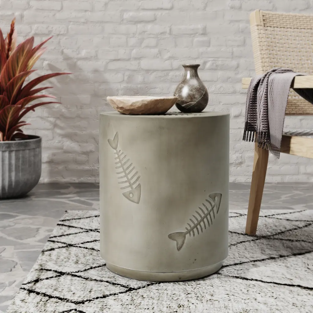 16 Inch MGO Side Table Fish Pattern Grey Magnesium Oxide nh-bc furniturings