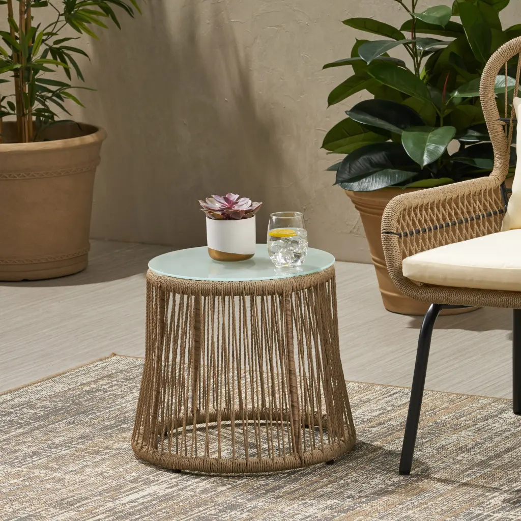 Southport Side Table Brown Woven Rope Accent Table Living Room Bedroom nh-kisa