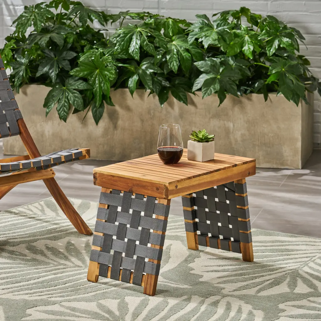 Huntsville Collapsible Side Table Black Brown Acacia Wood Patio or Living Room nh-sunfay