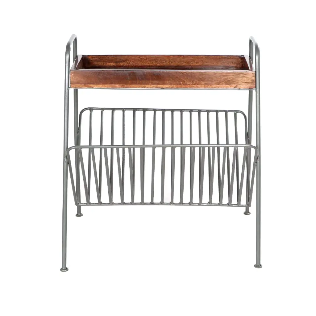 25 Inch Rectangular Metallic Frame Side Table Magazine Rack Mango Timber royal hampton