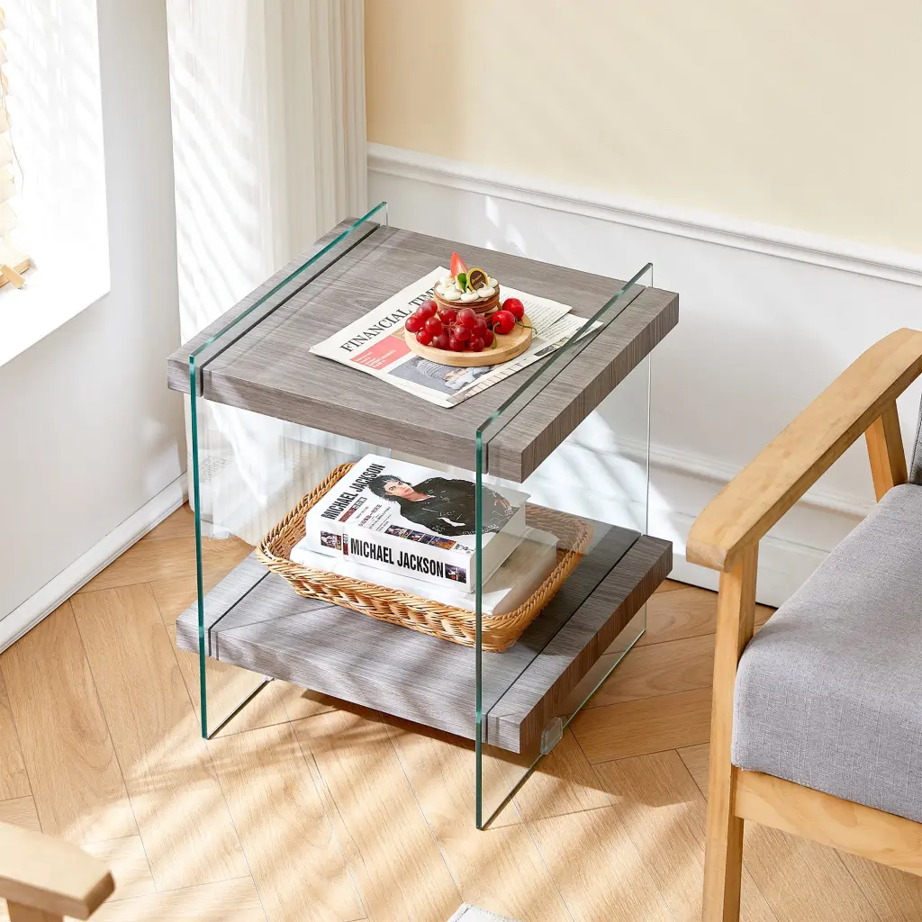 17.72 Polished Tempered Glass Leg Side Table Dual MDF Shelves sya furniture