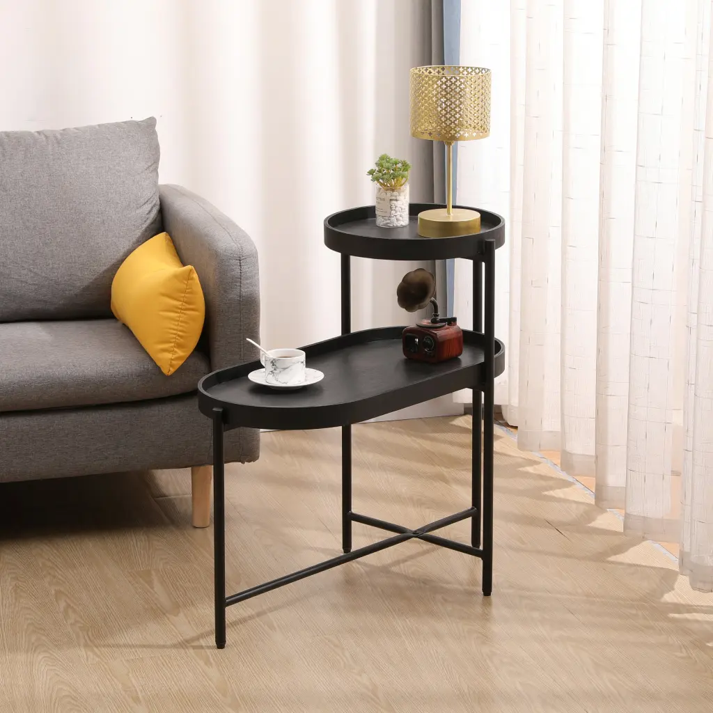 2 Tier Black Side Table Storage Living Room Metallic yiqiumi furniture