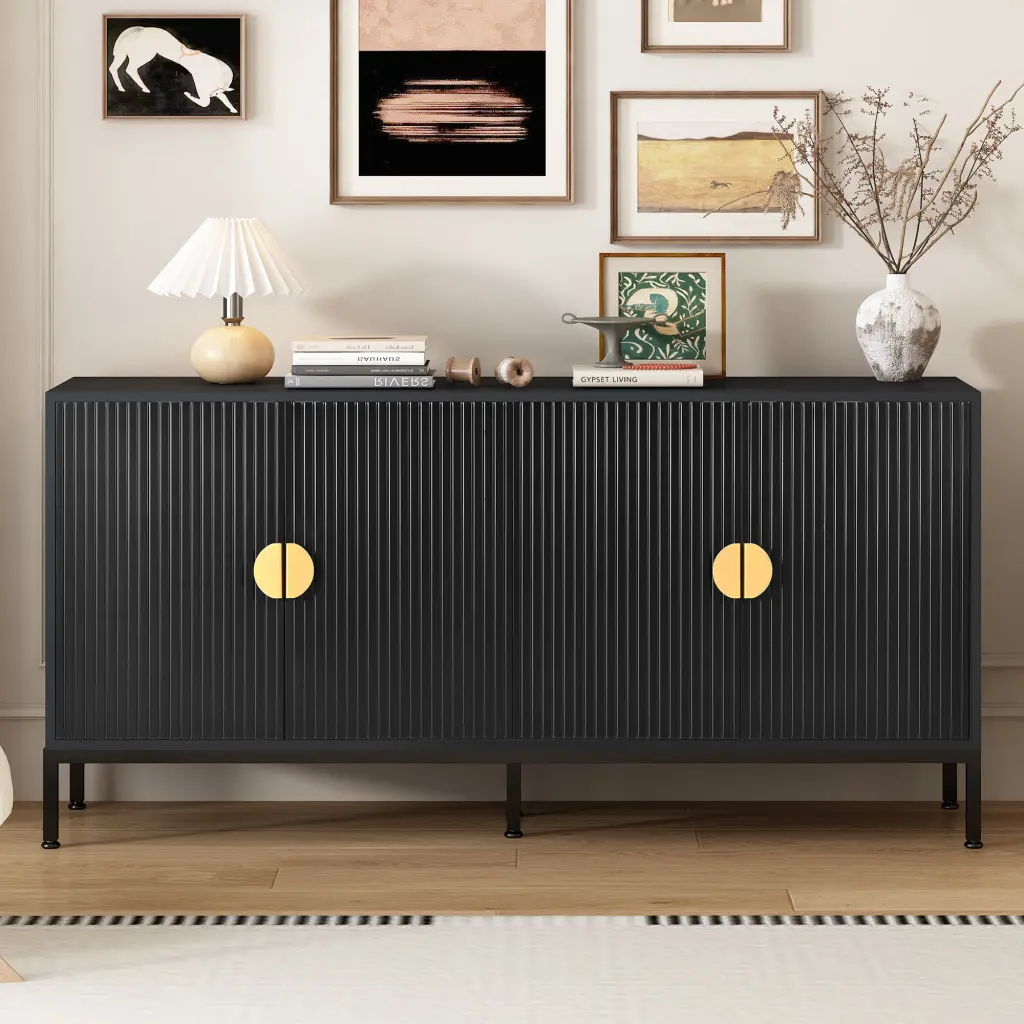 Exquisite Vertical Striped Four Door Sideboard Robust Metal Legs Living Room u_style