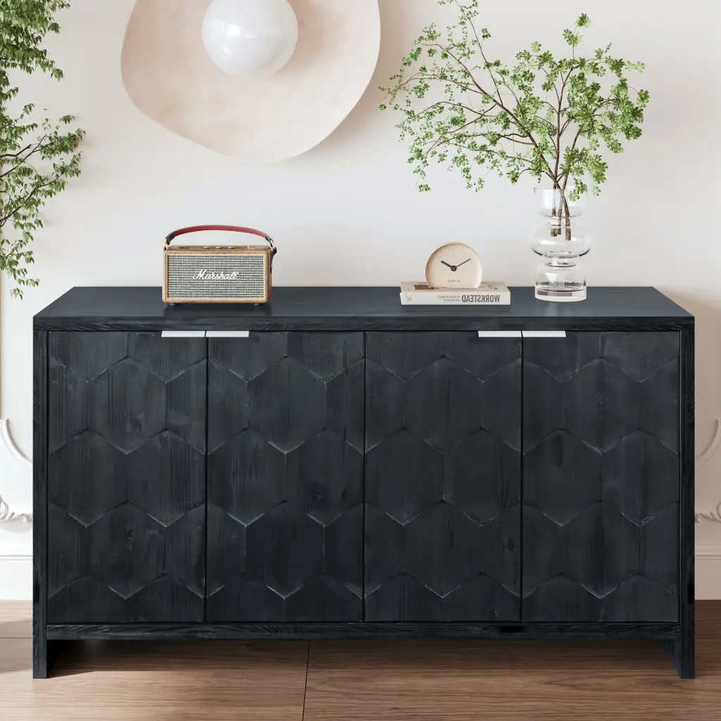 Farmhouse Style 4 Door Timberen Accent Cabinet Sideboard Buffet fs furniture