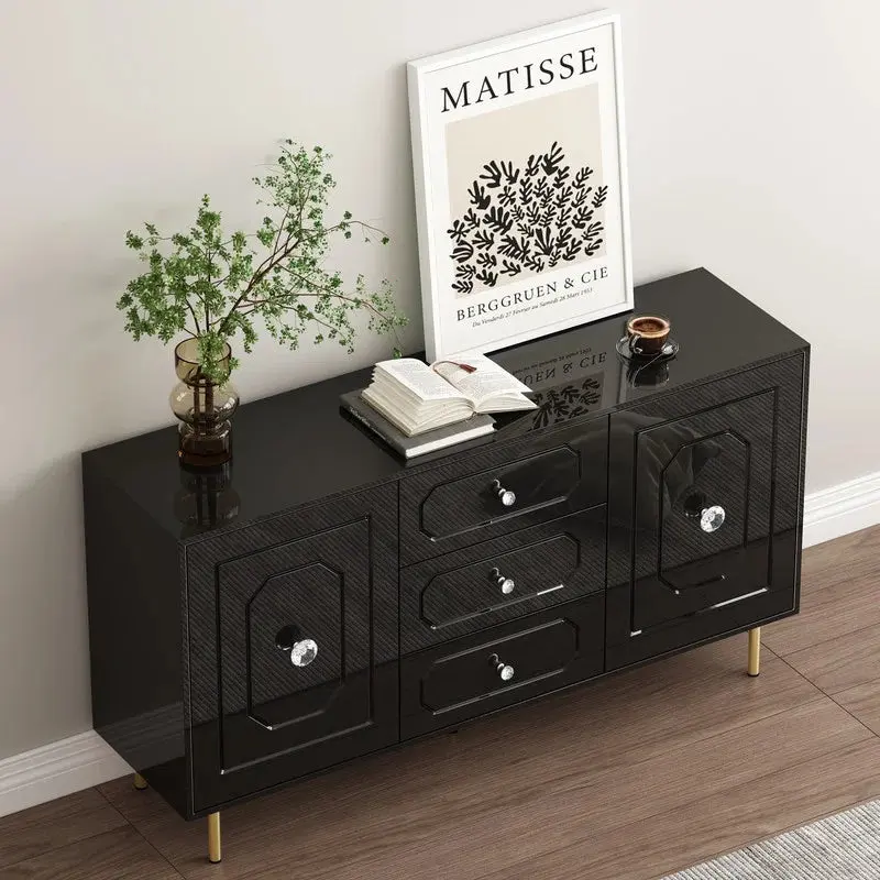 59 Inch 2 Door 3 Drawer Wood Black High Gloss Sideboard Dining Storage glam furniture