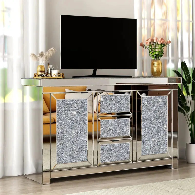 57 Inch Wide 3 Drawer Mirrored Glass Sideboard Silver Kitchen Modern glam furniture