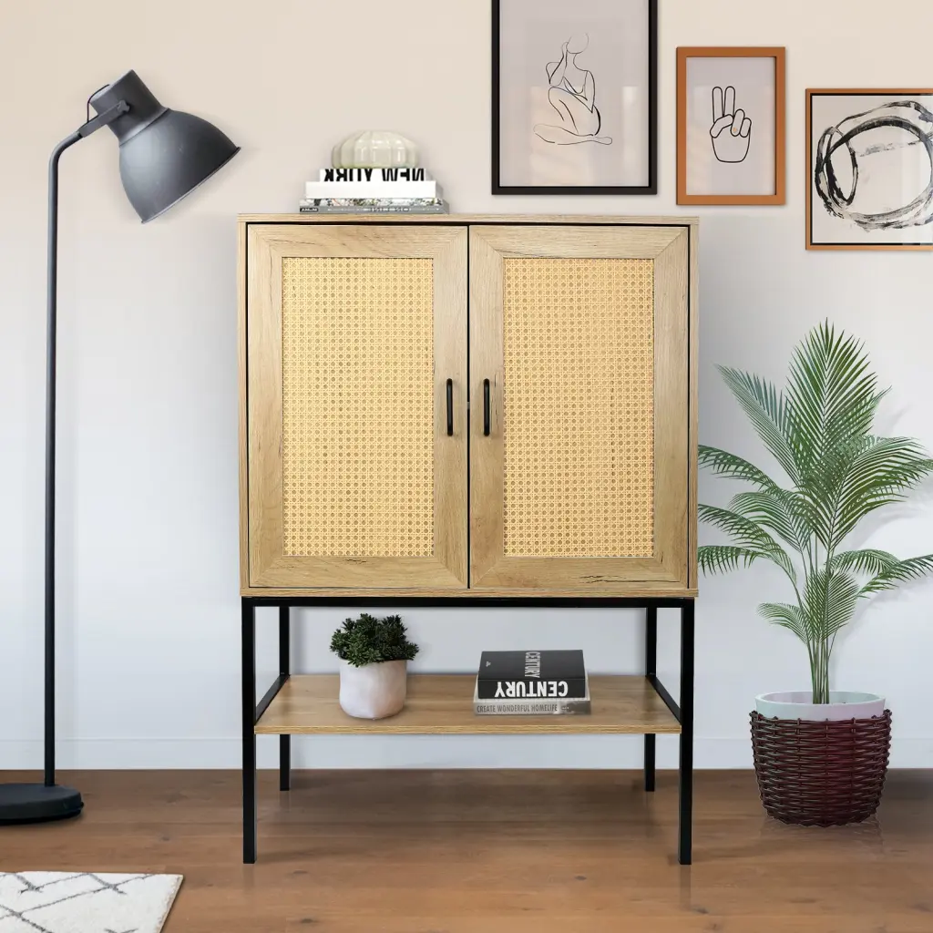 31.5 Inch Wide 2 Rattan Doors Free Standing Sideboard Storage Cabinet Living Room golden walnut