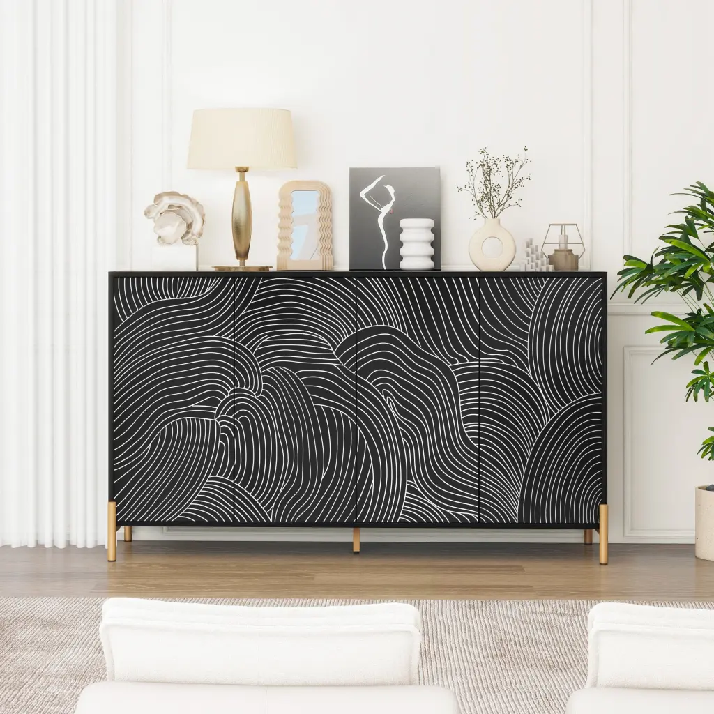 Carved 4 Door Sideboard Buffet Cabinet Ample Storage Space rnb