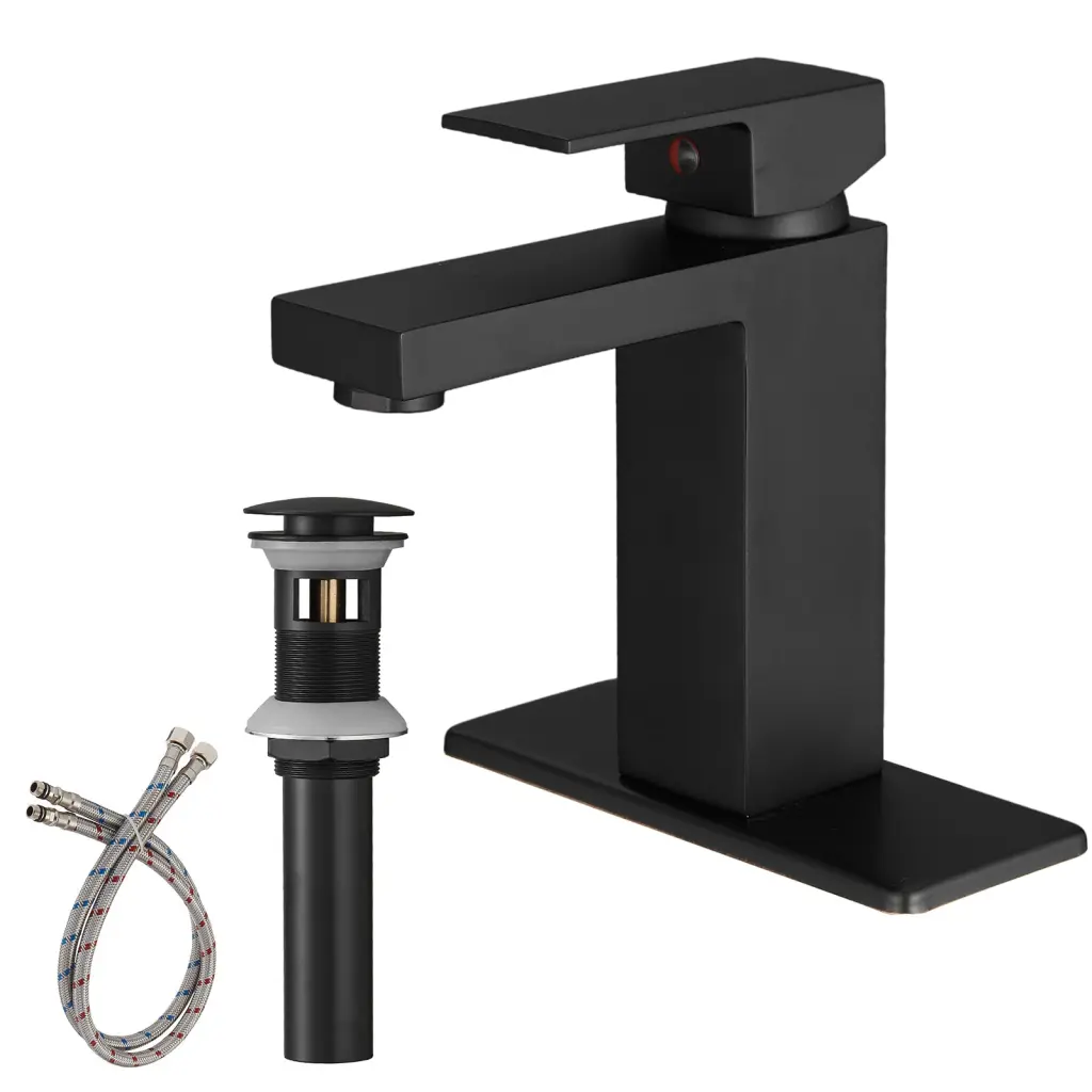 Matte Black Low Arc Single Handle Bathroom Sink Faucet Drain Modern Design bathininc
