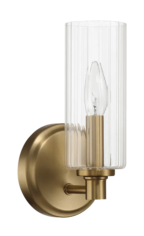 Jardin Single Light Wall Sconce Clear Ribbed Glass Satin Brass Modern Lighting Fixture ashcroft furniture