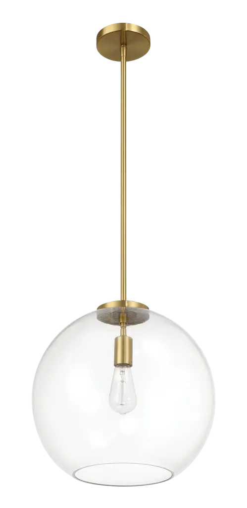 Gleam Single Light Pendant Lamp Clear Globe Glass and Satin Brass Finish ashcroft furniture