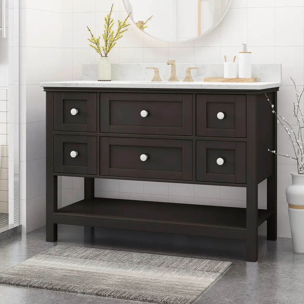 49 Inch Bathroom Vanity Stone Top Porcelain Sink Open Shelf 5 Drawers Storage nh-bo