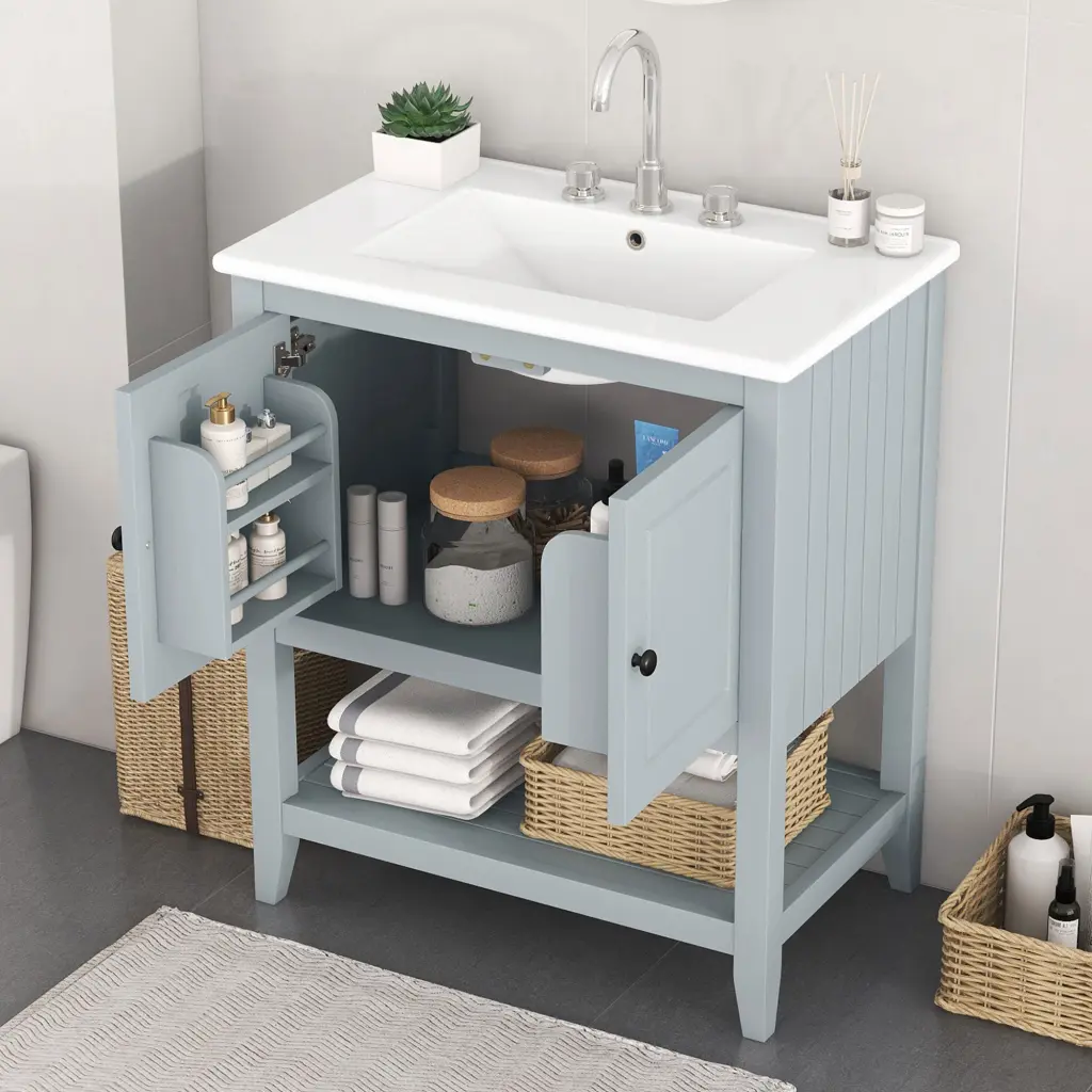 30-Inch Gray Modern Polished Bathroom Vanity Ceramic Sink and Solid Wood rnb