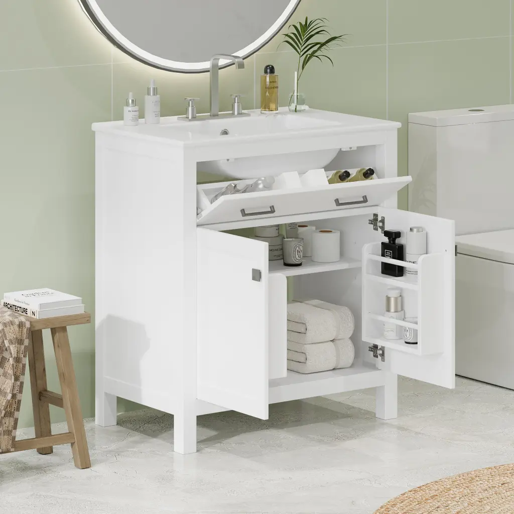 30 Inch Bathroom Vanity Ceramic Sink Modern White Single Bathroom Cabinet rnb