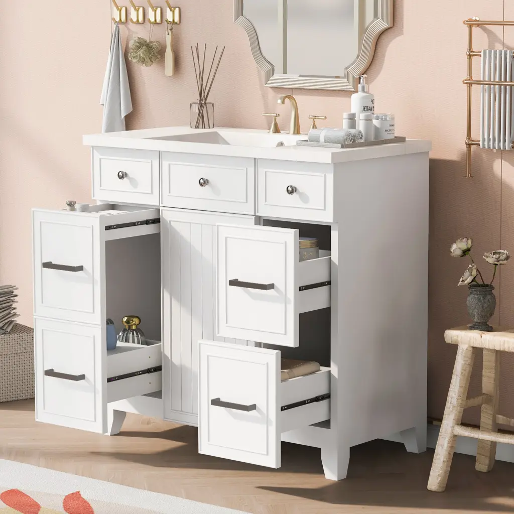 36 Inch White Bathroom Vanity Cabinet Sink Top Bundle Set Single Sink rnb
