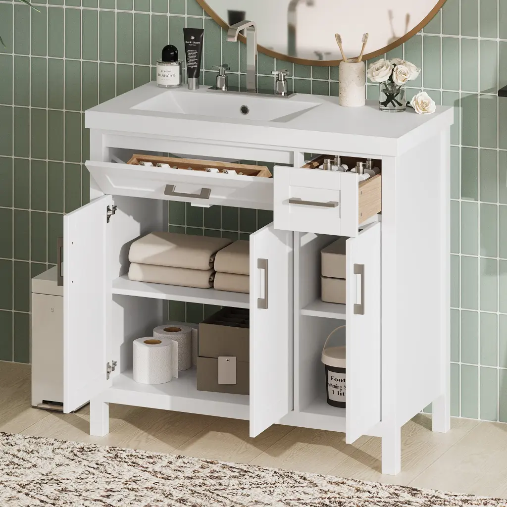 36 White Bathroom Vanity Cabinet Resin Integrated Sink 2 Drawers rnb