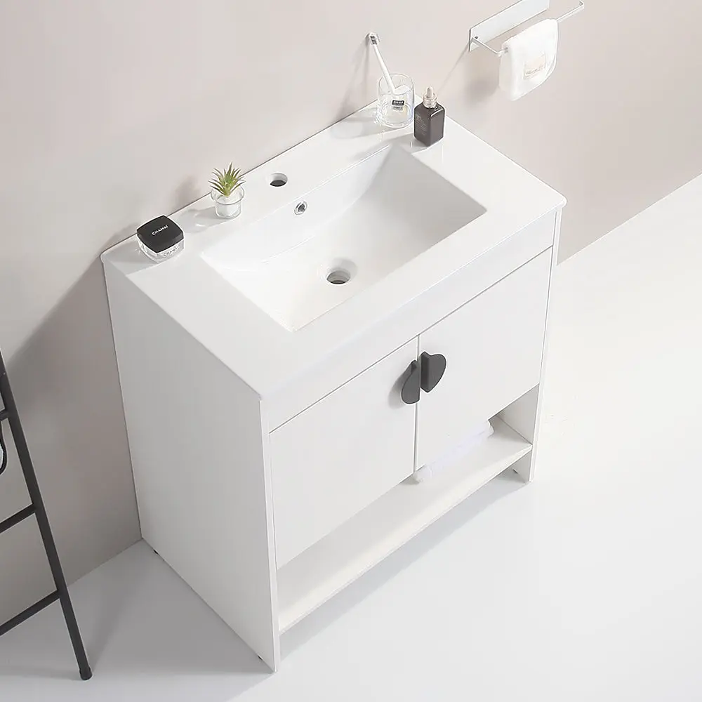 30 Inch Bathroom Vanity White Porcelain Basin Two Cabinet Doors singularity