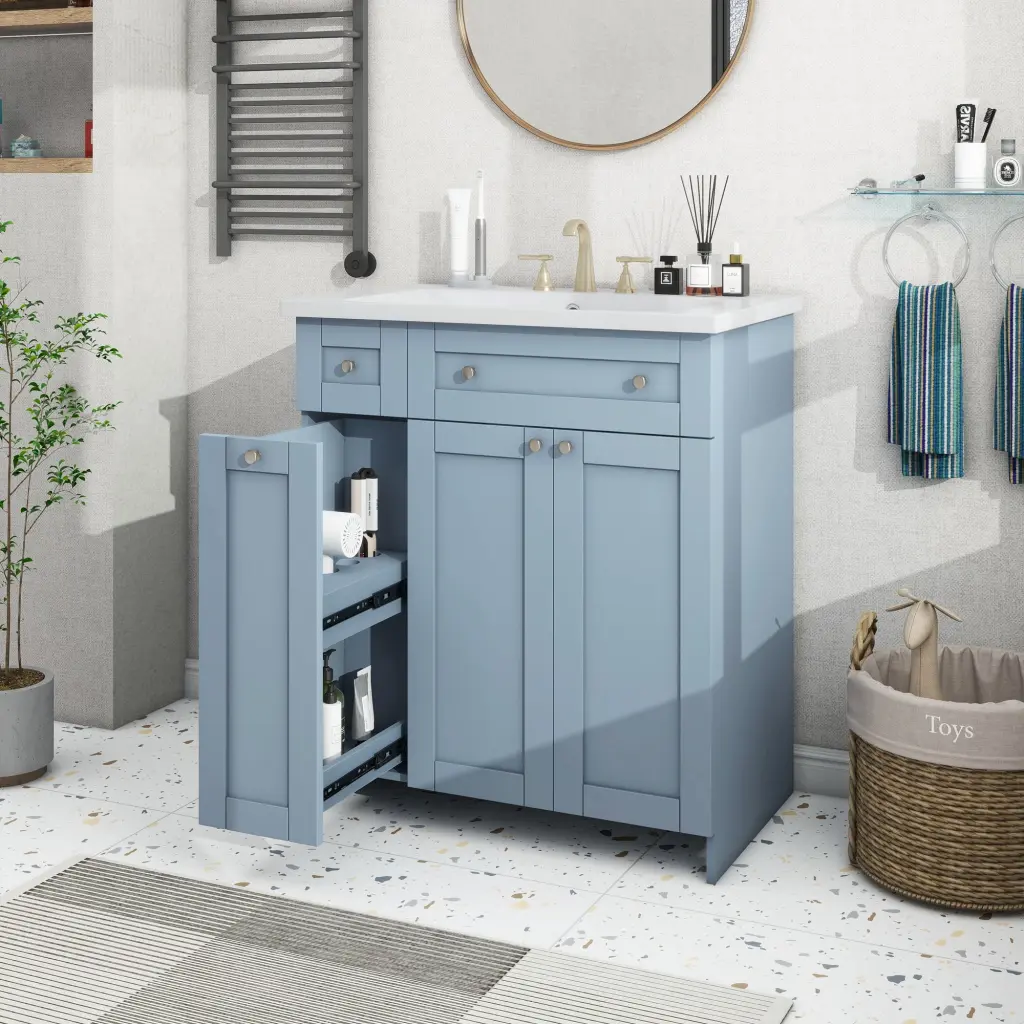 30 Inch Blue Bathroom Vanity Porcelain Sink Bundle, Abundant Storage - Modern Bathroom Furniture rnb