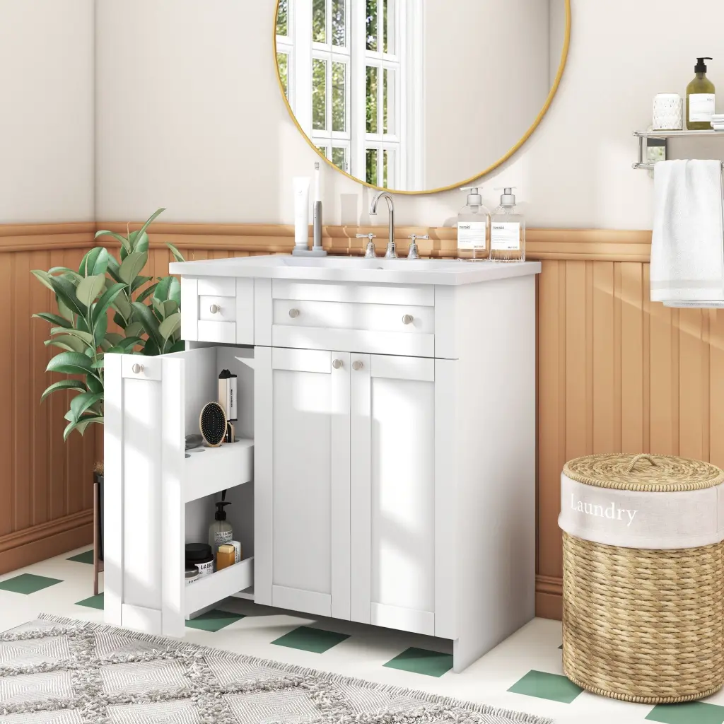 30 Inch White Bathroom Vanity Porcelain Sink and Abundant Storage rnb