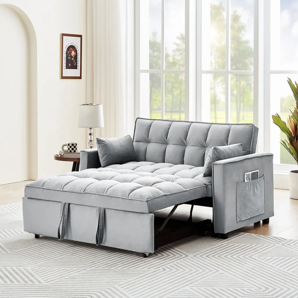 Sleeper Sofa Couch 55 Inch Modern Velvet Convertible Pull Out Bed fj furniture