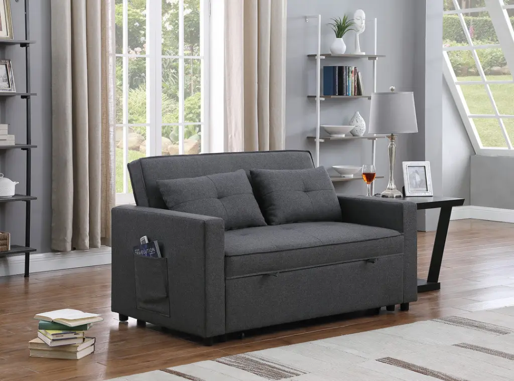 Zoey 56 Inch Dark Gray Linen Convertible Sleeper Loveseat Side Pocket lilola home