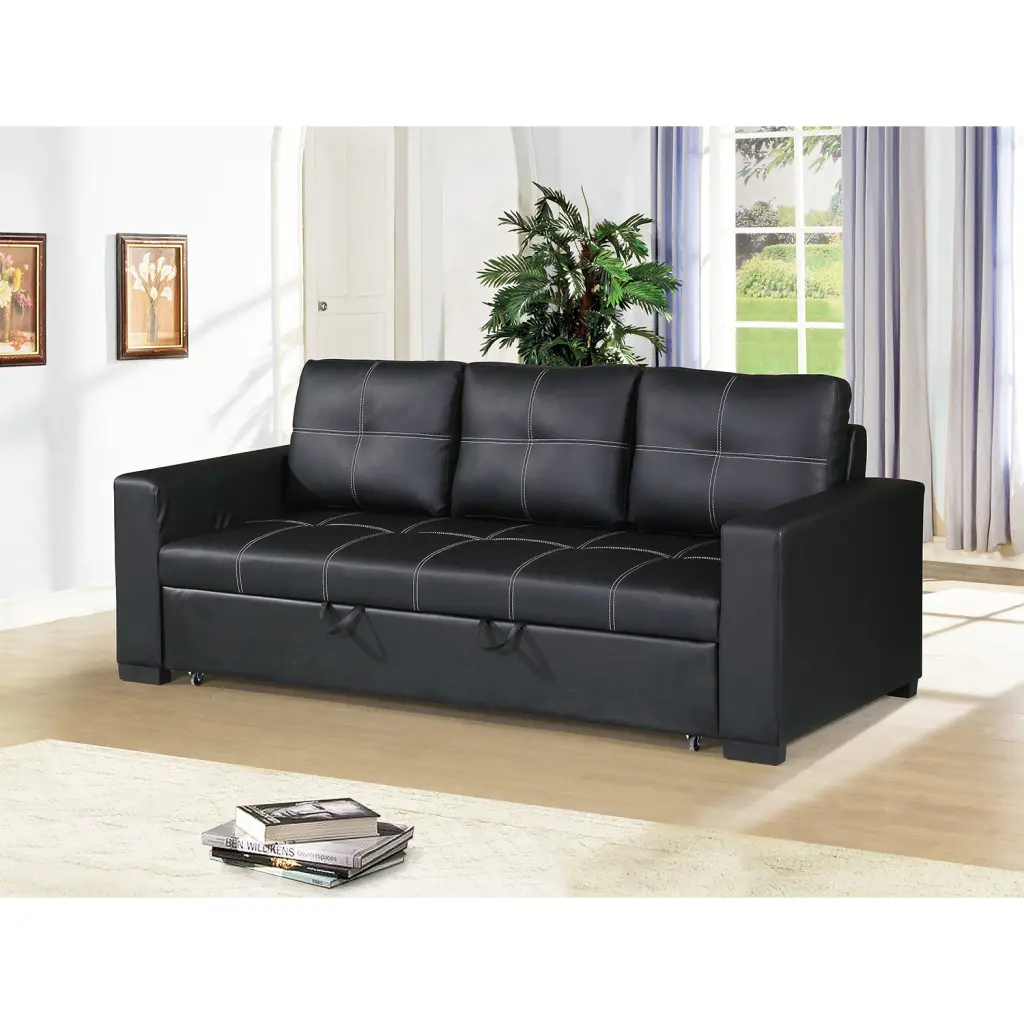 3 Seater Faux Hide Convertible Sleeper Sofa Black Faux Leather simple relax