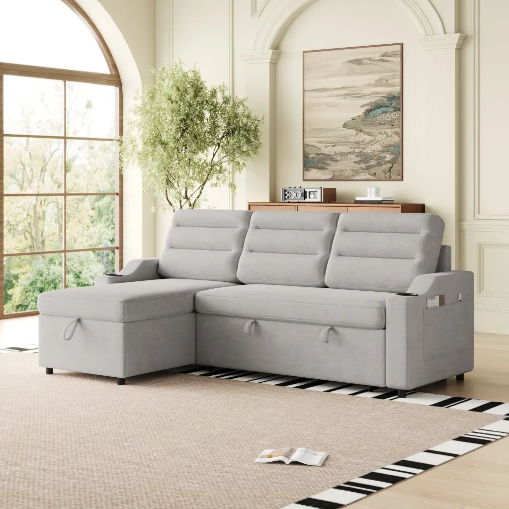 83.5 Inch Convertible Sleeper Sofa Bed Polyester Bundle w1193