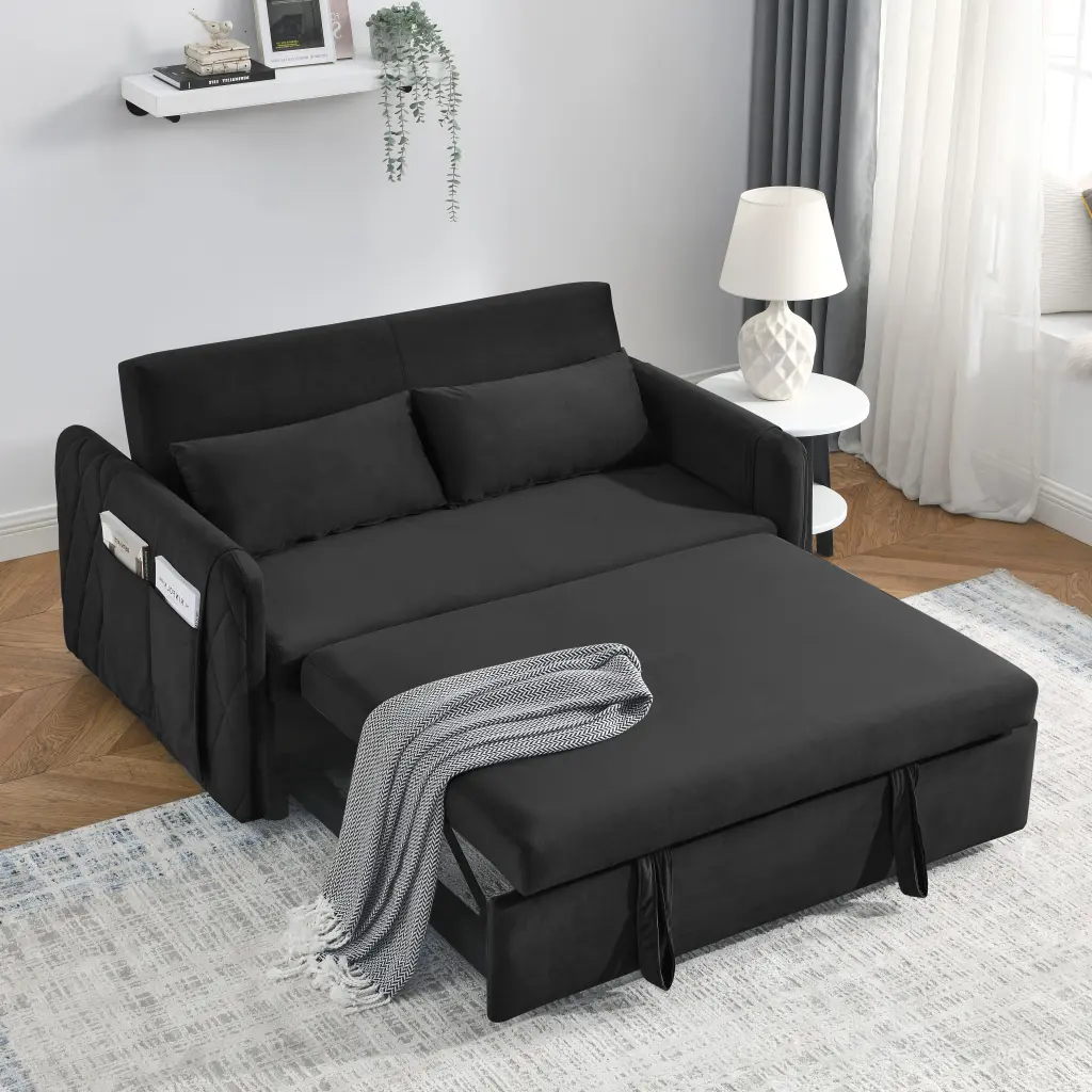 55 Inch Modern Convertible Sofa Bed 2 Detachable Arm Pockets Velvet w1193