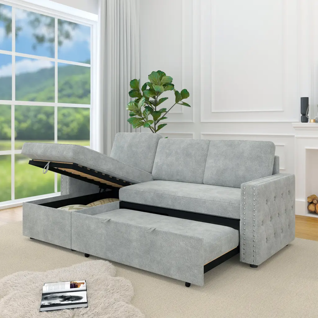85 Inch 3 Seater Sleeper Sofa Storage Chaise and Square Design welike furniture