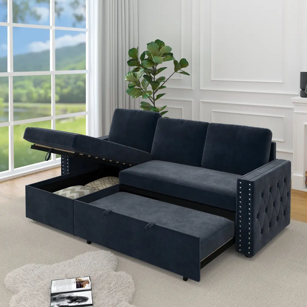 85 Inches Sofa Bed 3 Seater Sleeper Sofa Storage Chaise Square Design welike furniture