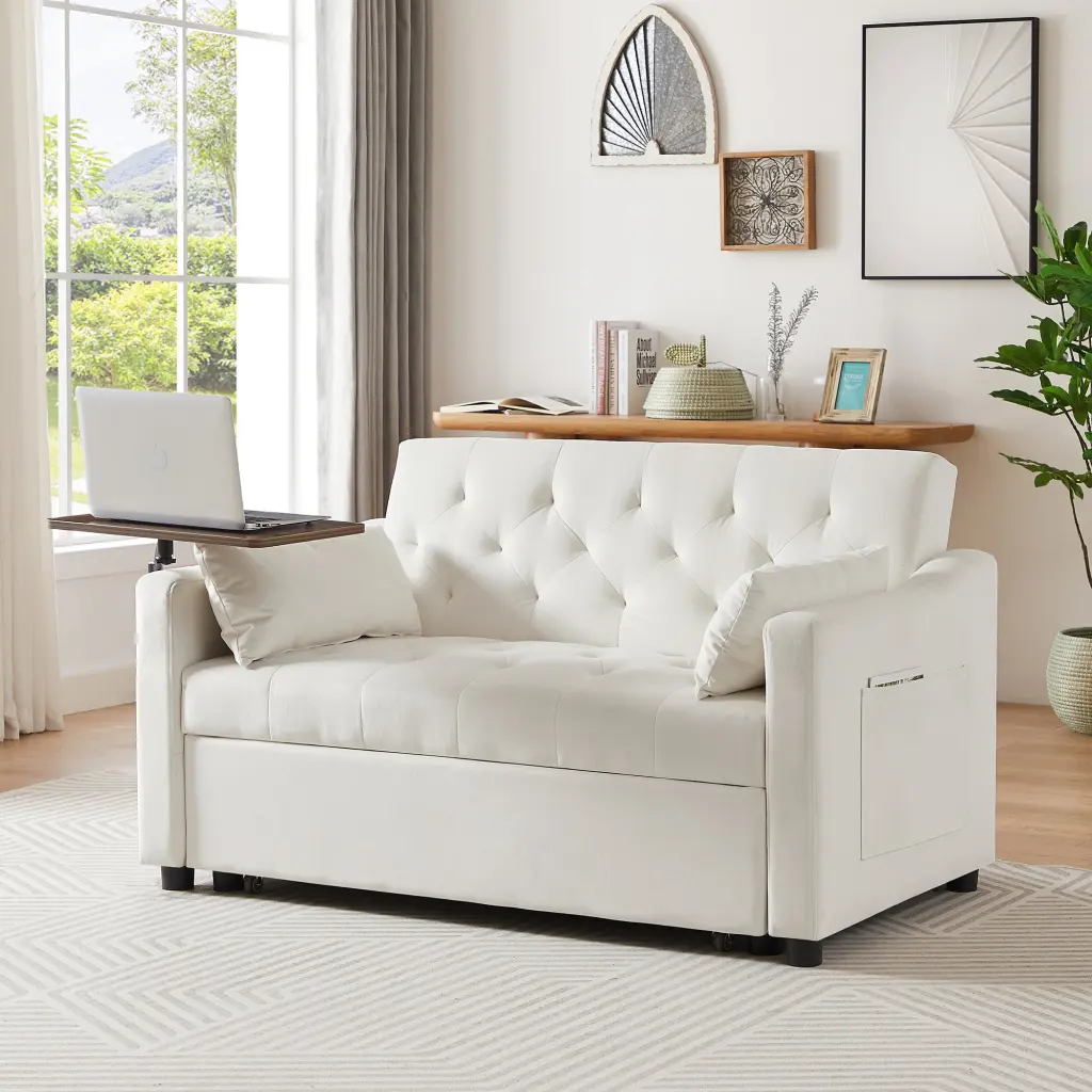 Cream White Velvet Sofa Bed Tufted Back Foam Mattress Wood Frame cy furniture