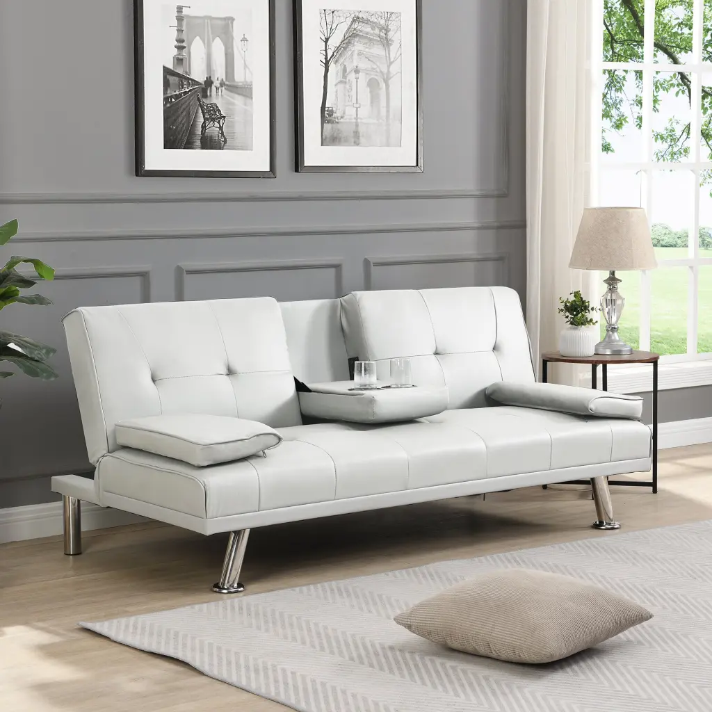 Sofa Bed Armrest Two Holders, Timber Frame and Stainless Legs, Futon White civilfurniture
