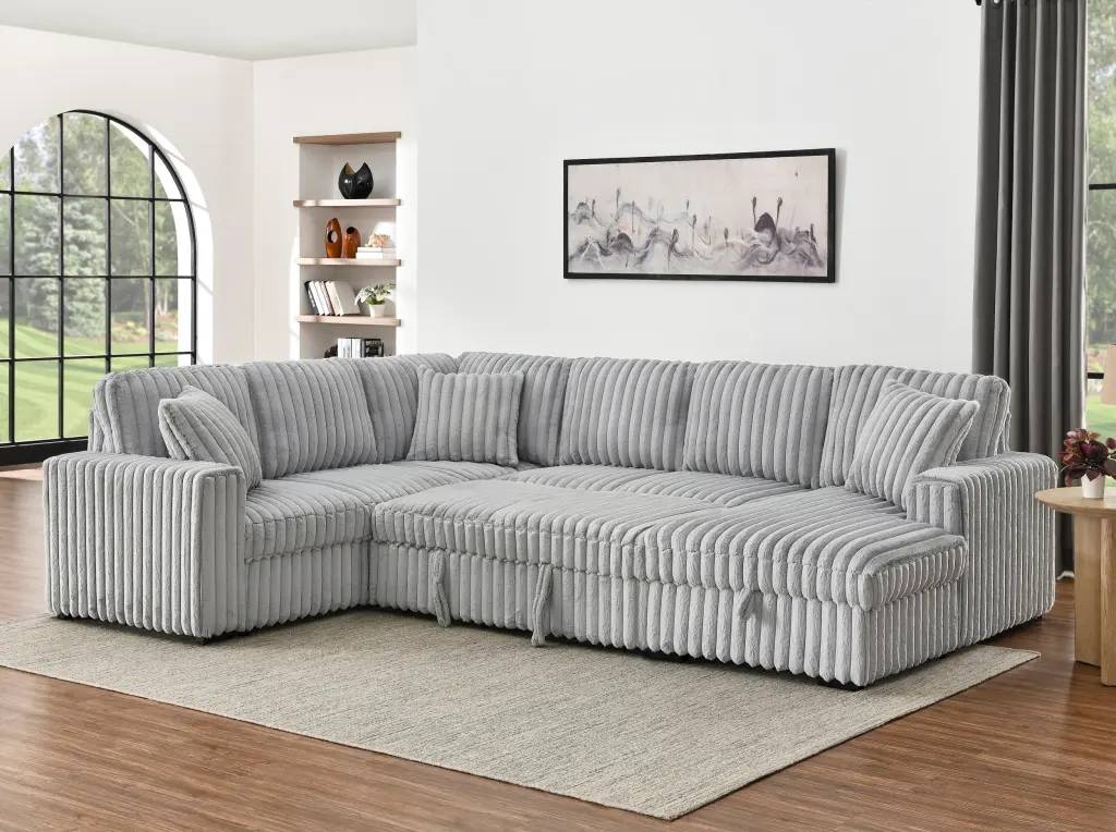 122 Inch Pull Out Couch Rabbit Plush Material Sofa Bed USB Ports happy home