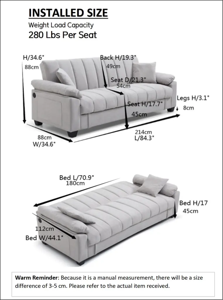 Sofa Bed Sleeper Storage And One Side Pocket USB Charging Port yxhome