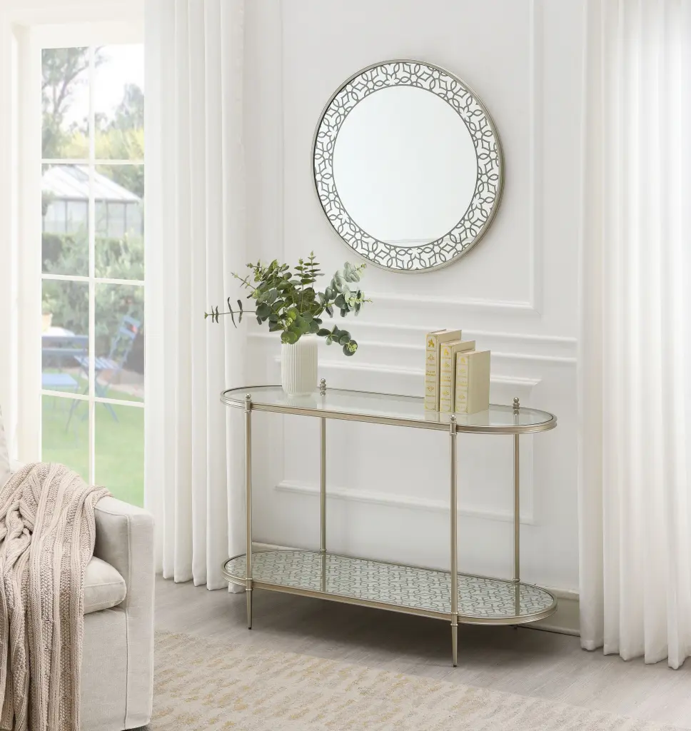 Zaba Sofa Table Crystal Top and Champagne Finish acme onsite store