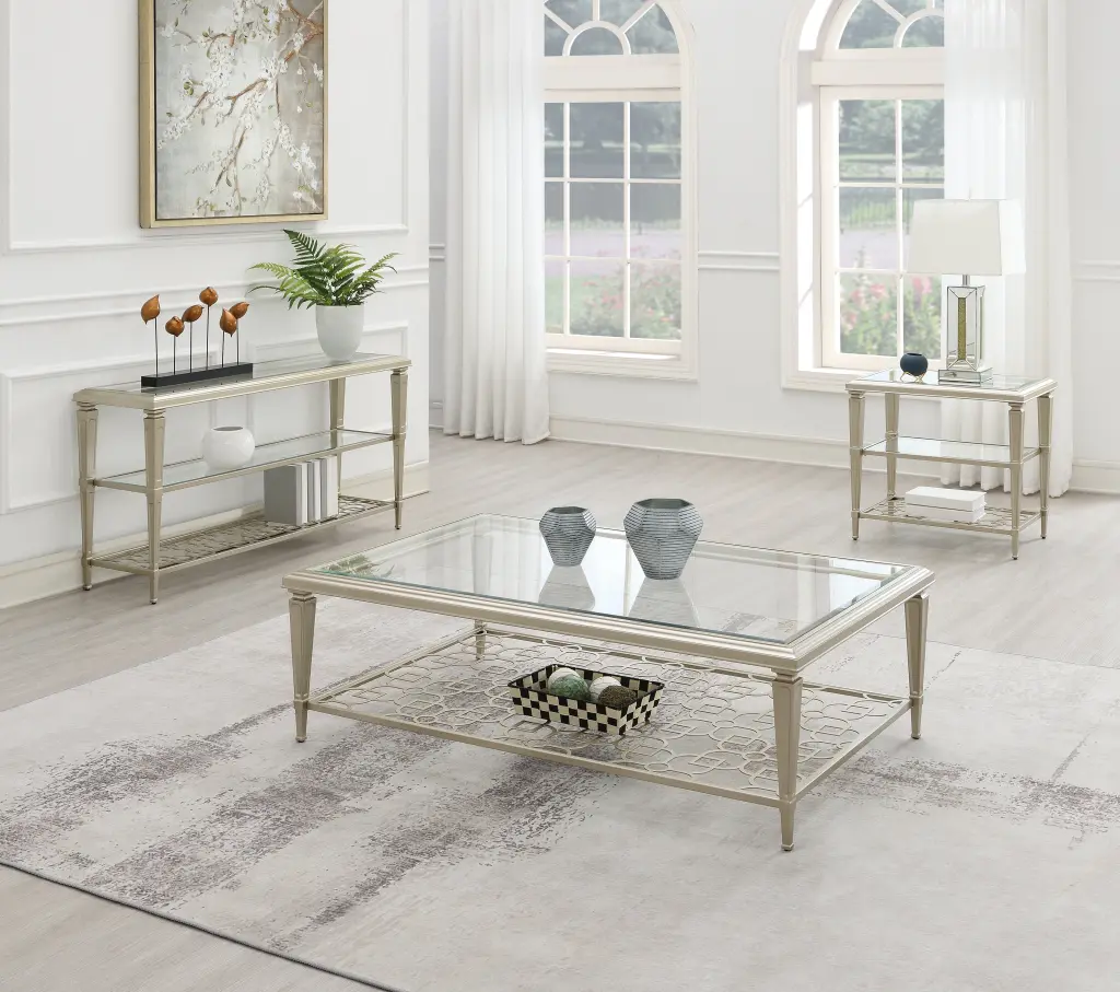 Zaba Sofa Table Glass and Champagne Finish Metal Console Table Living Room acme onsite store