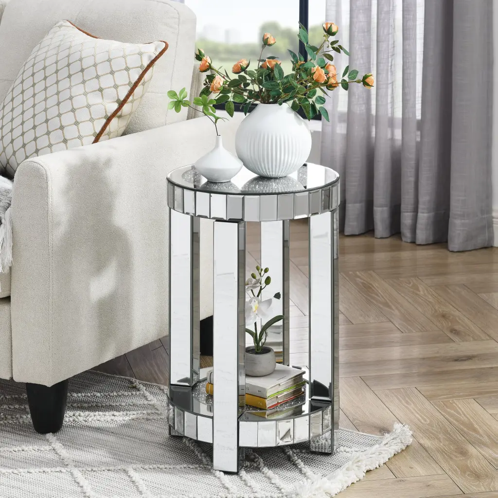 Mirror Round Table Crystal Inlay 2 Layer Modern Small Sofa Table Living Room kai lee- mirror arts-furniture factory